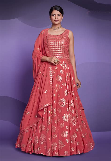 Peach Georgette Readymade Long Anarkali Suit 270111