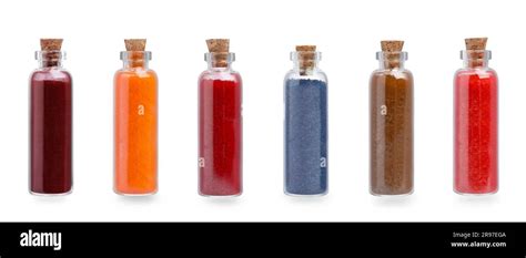 Set Of Different Powdered Food Coloring In Bottles Isolated On White