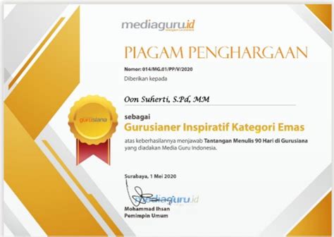 Piagam Penghargaan Gurusianer Inspiratif Kategori Emas