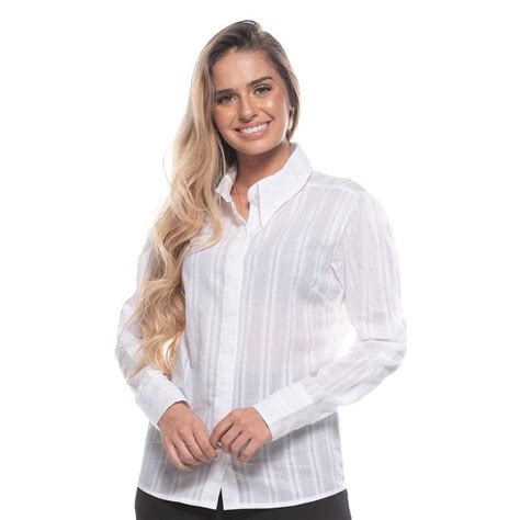 Camisa Botão Manga Longa Feminina Algodão Com Lurex Branco Zattini