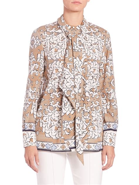 Lyst Tory Burch Silk Tie Front Blouse In Natural