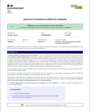 Résultat du permis Auto école Couturier