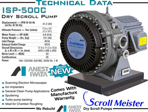 Ideal Spectroscopy Anest Iwata ISP 500C Oil Free Dry Scroll Pump KF