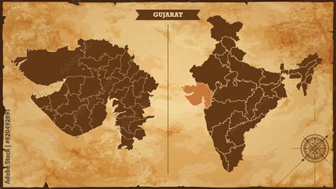Gujarat State Map India Map With Federal States In A Vintage Map Based