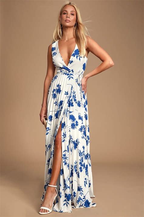 Lindsie Blue And White Floral Print Pleated Wrap Maxi Dress Maxi