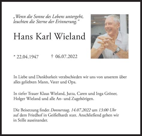 Traueranzeigen von Hans Karl Wieland Südwest Presse Trauer