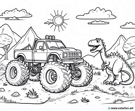 Coloriage de monster truck et dinosaure à Télécharger ou à Imprimer