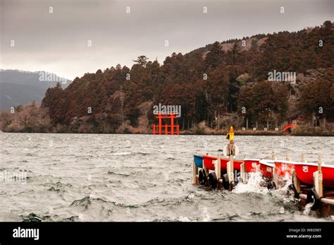 Torii Of Hakone Shrine At Lake Ashi And Boat Dock On Lake Ashinoko