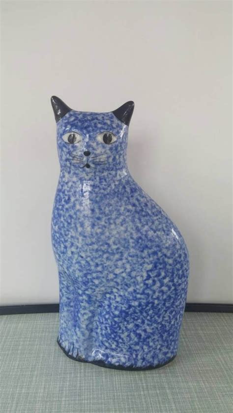 Vintage Ceramic Calico Cat Enesco Blue White Cat Figurine Etsy