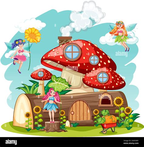 Fairy Tales With Mushroom And Timber House Isolated Cartoon Style On