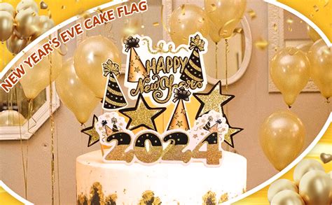 Happy New Year Cupcake Toppers Cake Topper Decorations Black Gold