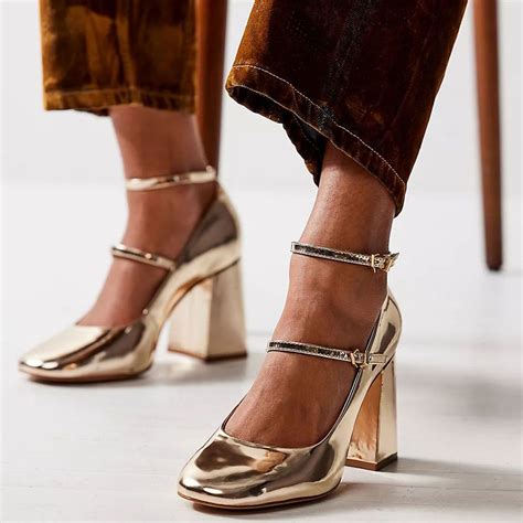 Gold Patent Leather Buckle Strap Mary Jane Pumps With Chunky Heels