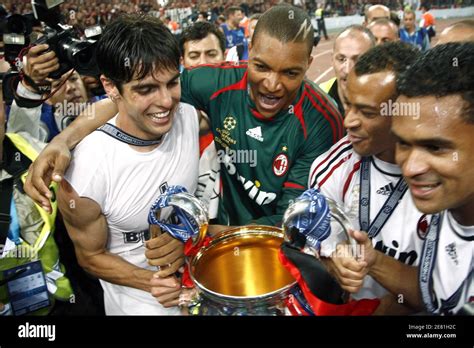 Ac Milans Kaka Diada And Cafu Celebrate With The Trophy During The