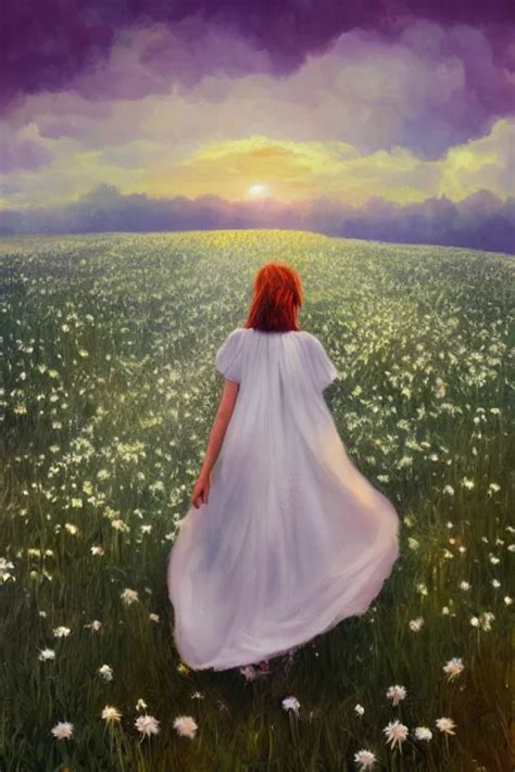 Veil Of Giant White Daisy Flower On Head Girl Walking Stable