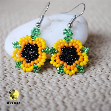 Sunflower Earrings Yellow Flower Beaded Earring Dainty Etsy