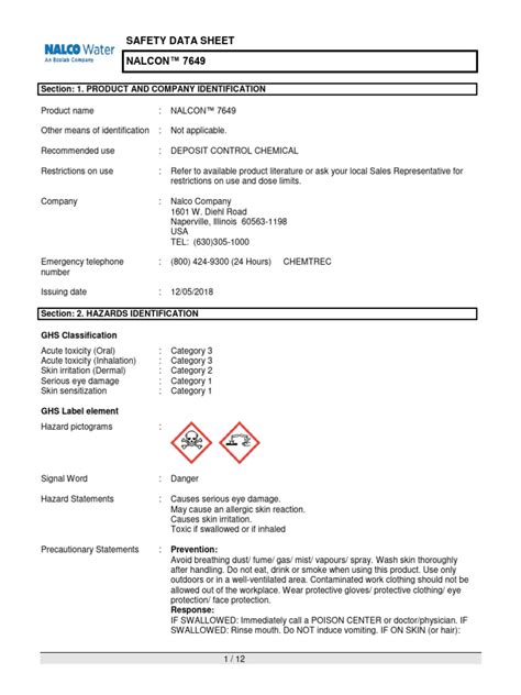 Safety Data Sheet Nalcon™ 7649 Section 1 Product And Company