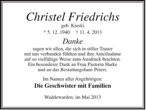 Traueranzeigen Von Christel Friedrichs Nordwest Trauer De