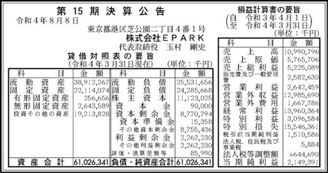 株式会社epark 第15期決算公告 官報決算データベース