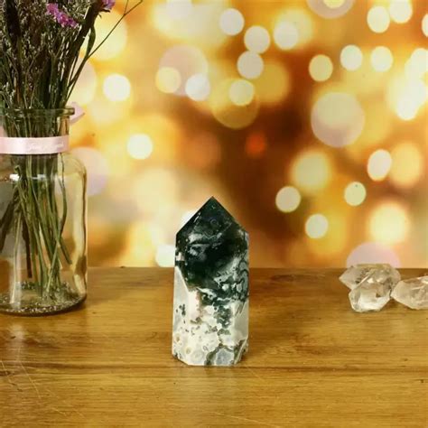 G Natural Moss Agate Obelisk Quartz Tower Crystal Wand Point Reiki