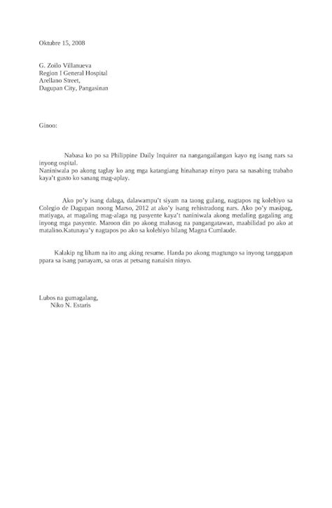 Tagalog Ng Application Letter Tagalog Application Letter Theme Route