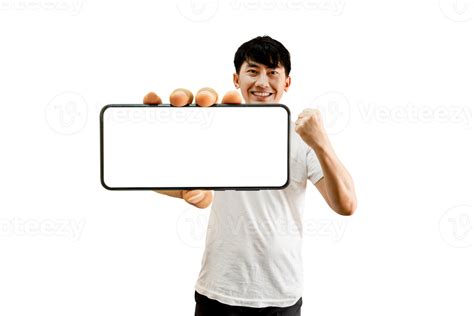 Asian Man Holding Smartphone With Empty White Screen 18743083 Png