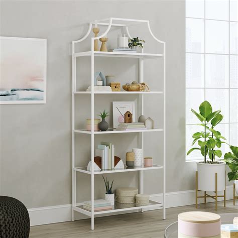 Sauder Anda Norr 5 Shelf Metal Framed Glass Bookcase White Finish