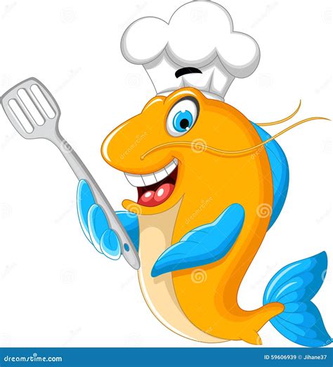 Cartoon Chef Fish Holding A Kitchen Spatula For You Design Stock