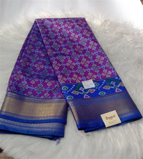 Chanderi Silk Saree With Pochampally Printed Purple With Blue M