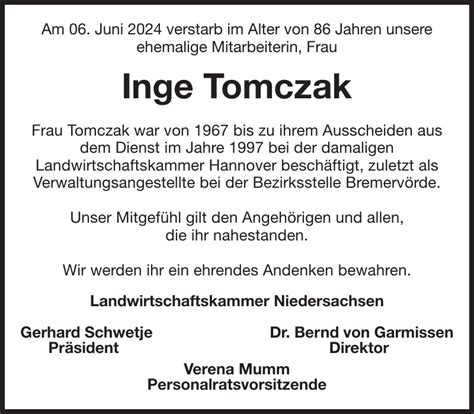 Inge Tomczak Nachruf Stader Tageblatt