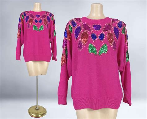 Vintage 80s Hot Pink Sequin Batwing Sweater By Diana Marco Size 4020w 1980s Embellished Sweater