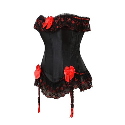 Sexy Satin Overbust Corset Top Lace Bowknot Decorated Clubwear Showgirl