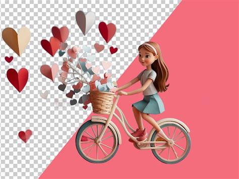 Una Chica Linda Montando Una Bicicleta Con Corazones Flotantes