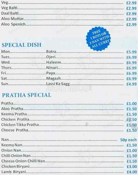 Menu At Taza Tandoori Restaurant Birmingham