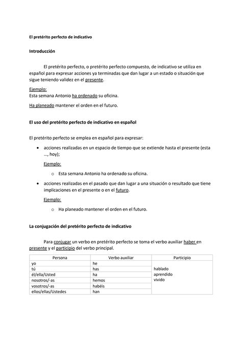 SOLUTION El Pret Rito Perfecto De Indicativo Espanhol 1 1 Studypool