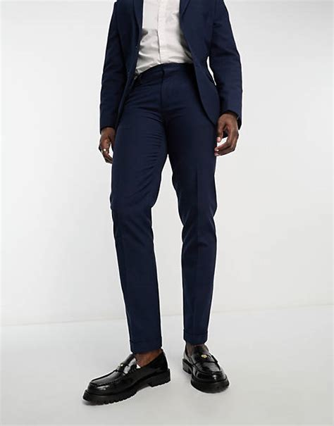 Asos Design Slim Suit Trouser In Navy Slubby Texture Asos