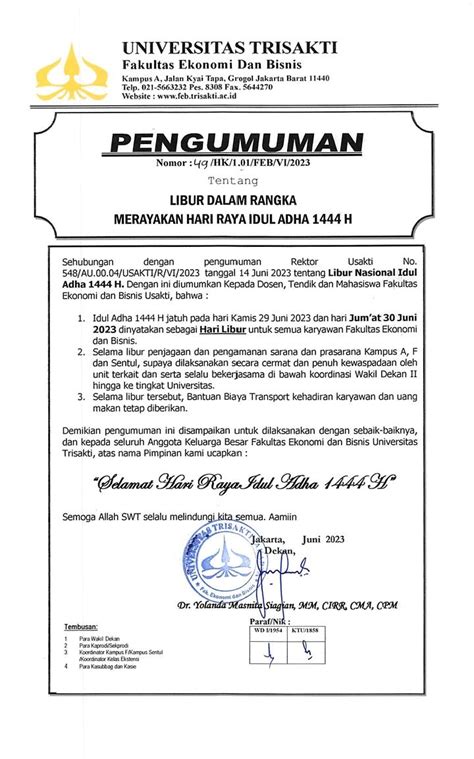 Pengumuman Libur Dalam Rangka Merayakan Hari Raya Idul Adha 1444 H Prodi Manajemen