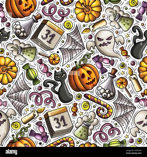 Cartoon Cute Hand Drawn Halloween Seamless Pattern Stock Vector Image