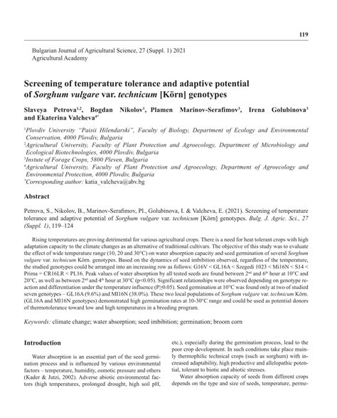 PDF Screening Of Temperature Tolerance And Adaptive Potential Of