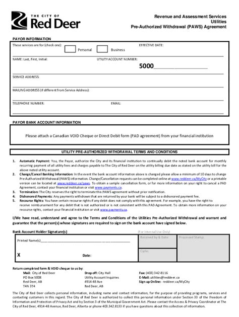 Fillable Online Pre Authorized Withdrawal Paws Agreement Pre