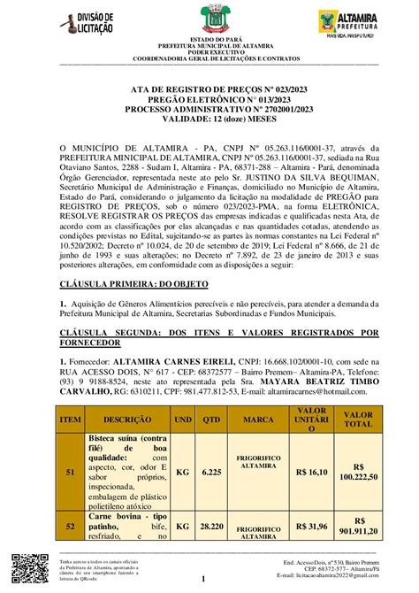 NOVA ATA DE REGISTRO DE PREÇO Prefeitura Municipal de Altamira