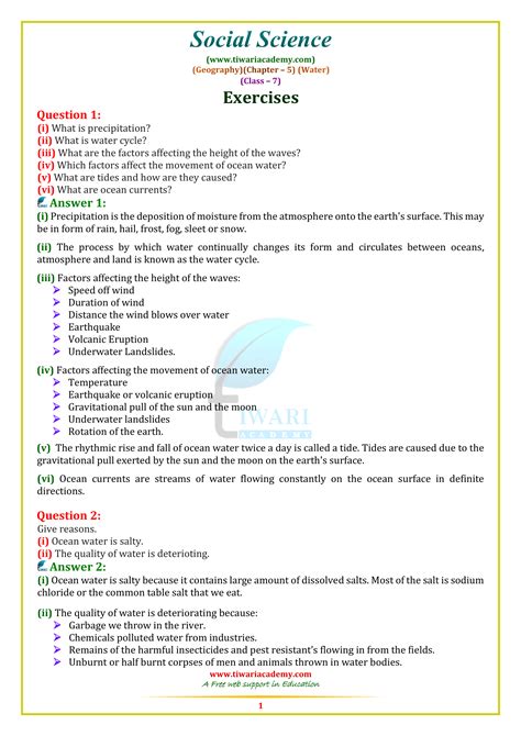 Ncert Solutions For Class 7 Social Science Geography Chapter 5 Water