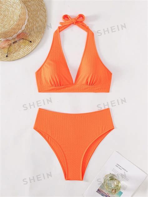 Shein Swim Basics Summer Beach Solid Textured Halter Bikini Set