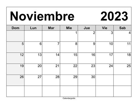 Calendario 2023 Imprimible Noviembre