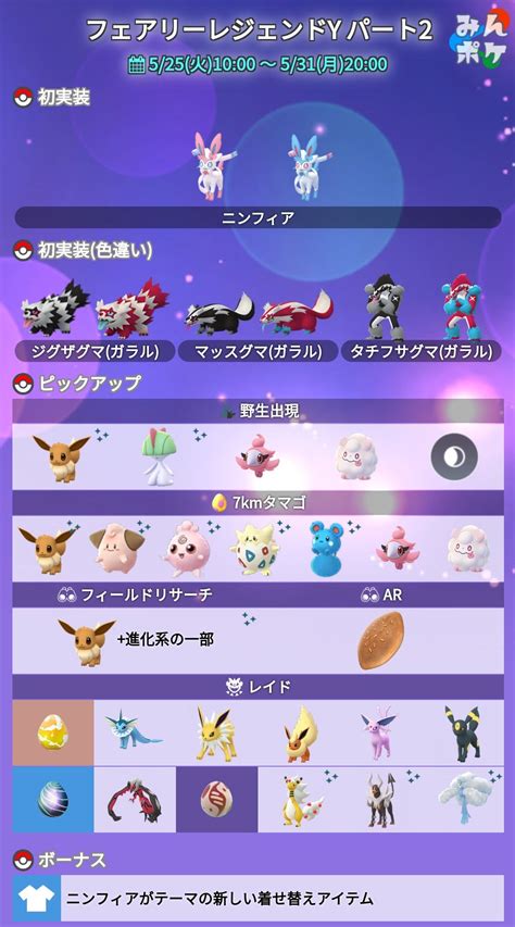 ポケモンgo攻略⚡みんポケ On Twitter 【フェアリーレジェンドy パート2】 パート2ではイーブイとその進化系がピックアップされ、ニンフィアが初実装！ ニンフィアがテーマの