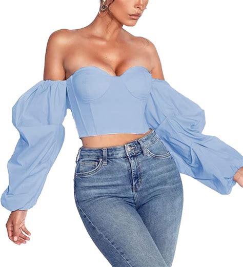 Womens Sexy Off Shoulder Shirt Long Puff Sleeve No Shoulder Strap