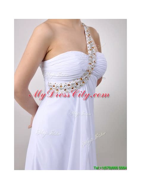 Sexy Empire Chiffon Beaded Side Zipper White Dama Dress With One Shoulder