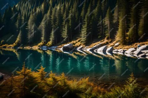 Premium Photo A Mountain Lake With A Blue Water And Trees In The