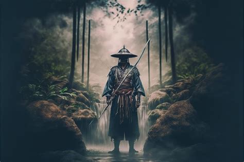 Samurai em pé no jardim da cachoeira espadas no chão ilustração de