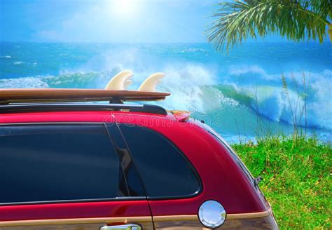 Red Woody Car With Surfboard At Beach W Big Waves Stock Photo - Image ...