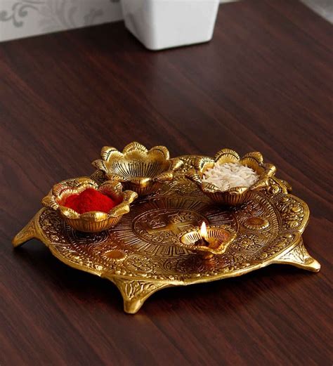 Buy Golden Swastik Metal Pooja Thali With Bowls And Diya By